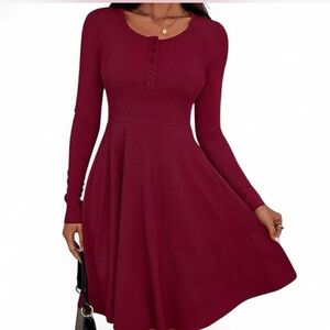 BTFBM Dress SzXL Burgundy Long Sleeve Fit-and-Flare Button/w Pockets Ribbed